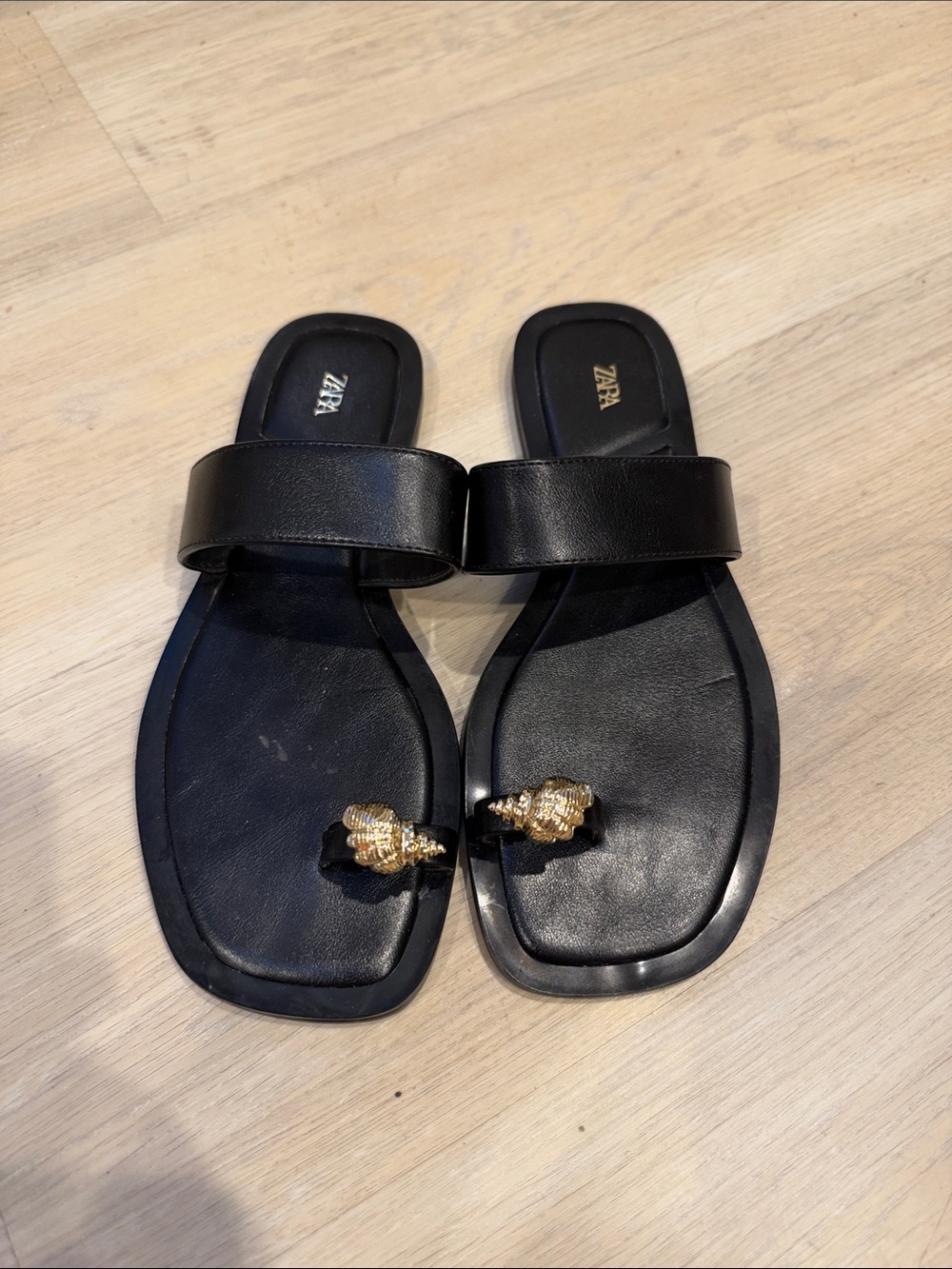 Zara Black Slide Sandals with Gold Shell Toe Accent